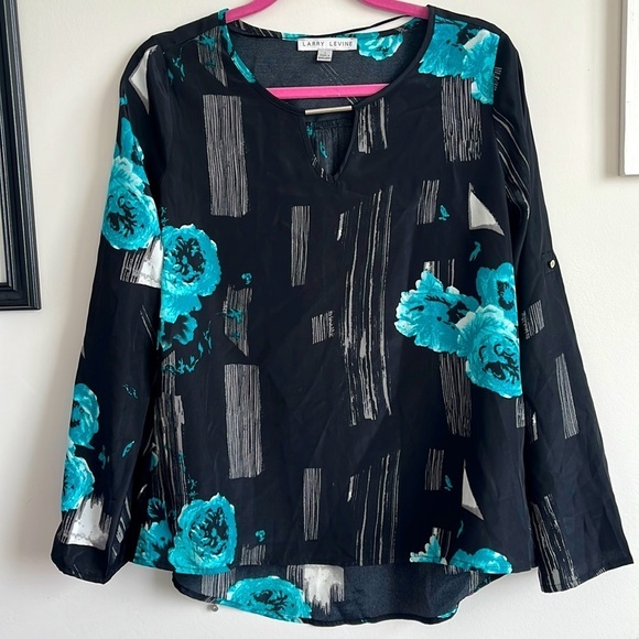 LARRY LEVINE BLACK FLORAL LONG SLEEVE BLOUSE SIZE S - Picture 1 of 8